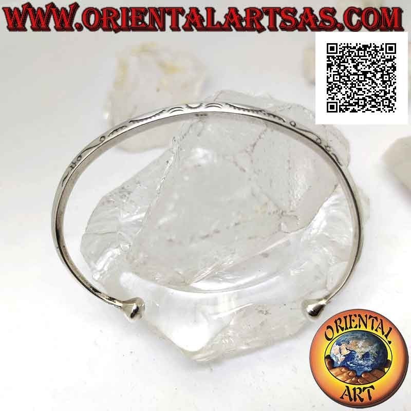 Rigid bracelet in 925 ‰ silver rhomboid with decorated engraved arches and terminal ball