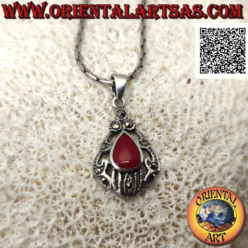Silver pendant with teardrop carnelian surrounded by perforated decoration studded with marcasite