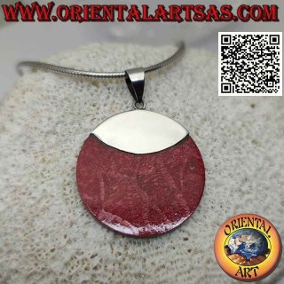 Pendentif rond en corail rouge (corail) avec crochet en argent