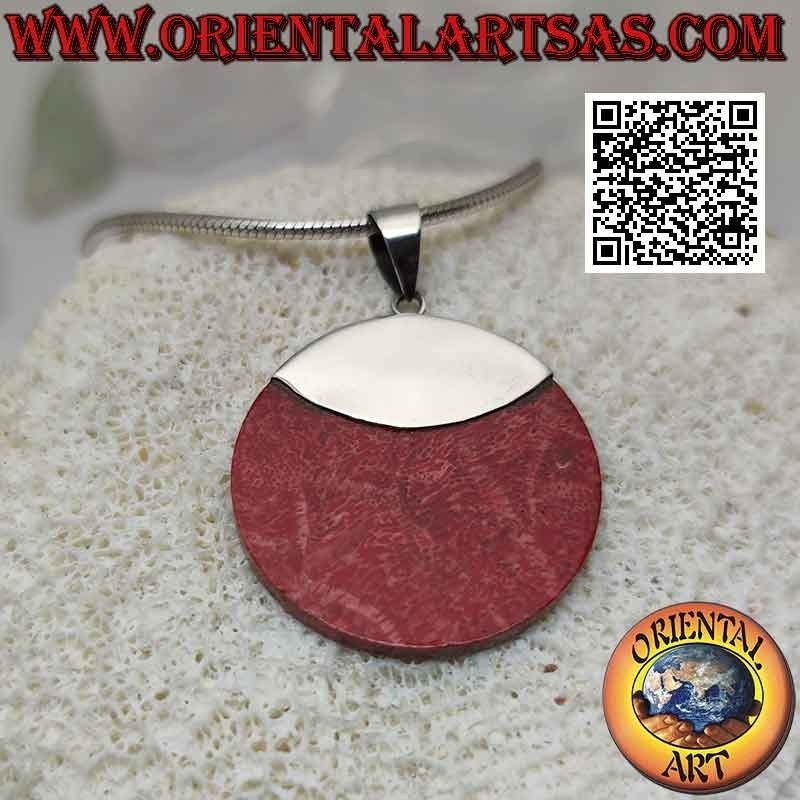 Ciondolo di madrepora rossa (corallo)  tonda  con gancio in argento