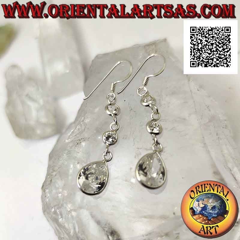Silver pendant earrings with three white zircons in a row (two round and one drop-shaped)