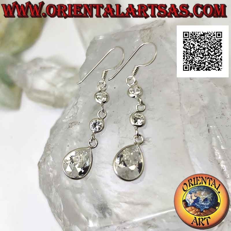 Silver pendant earrings with three white zircons in a row (two round and one drop-shaped)