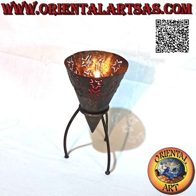 "Stars and moon" pierced cone candle holder in hand made wrought iron