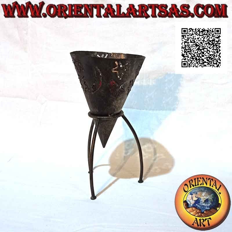 "Stars and moon" pierced cone candle holder in hand made wrought iron