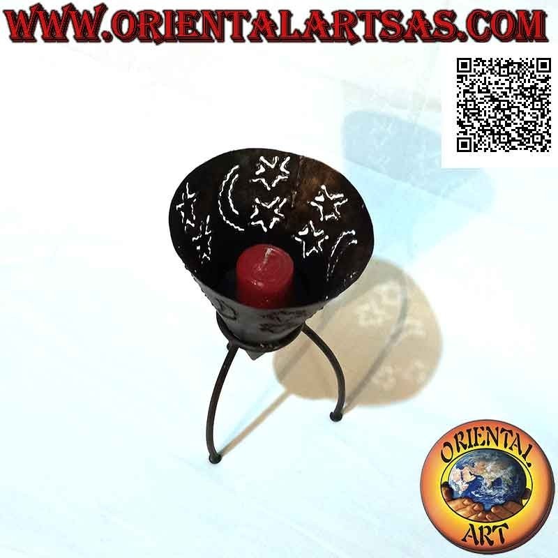 "Stars and moon" pierced cone candle holder in hand made wrought iron
