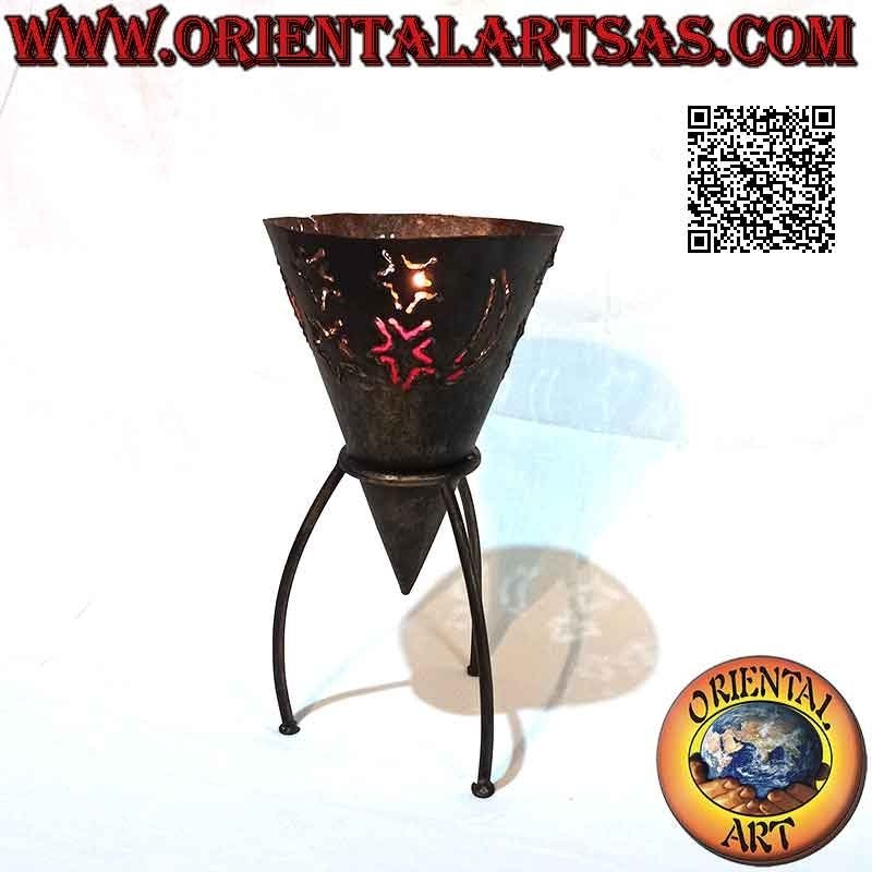 "Stars and moon" pierced cone candle holder in hand made wrought iron