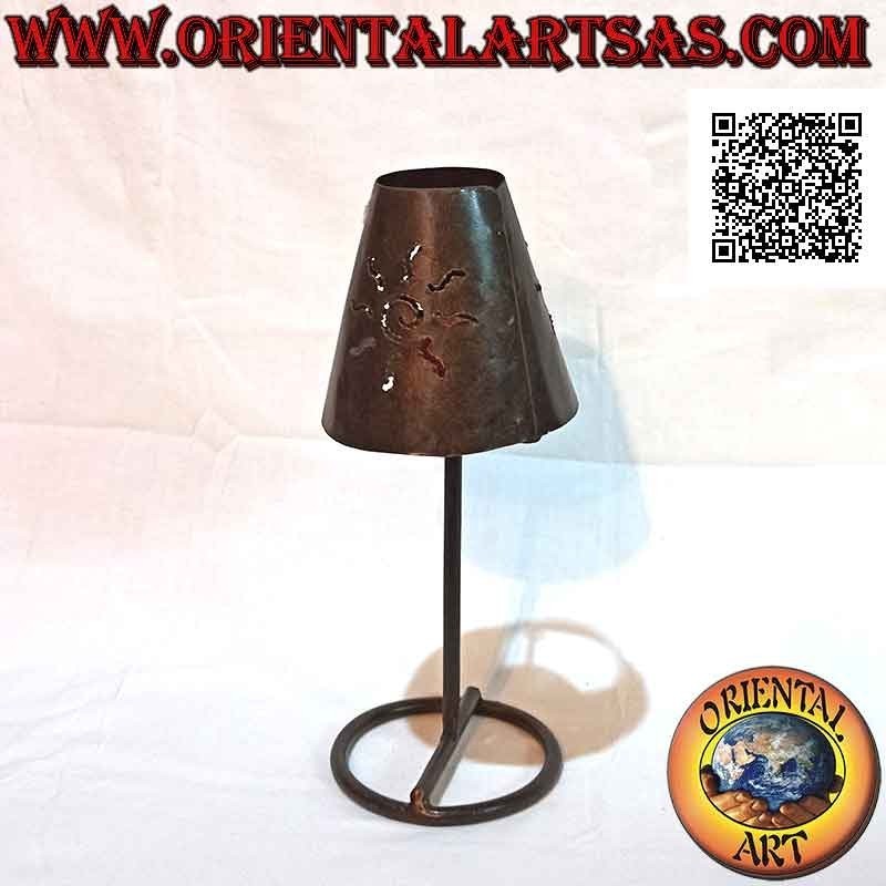 Hand made "sun wavy" openwork cone candle holder in wrought iron