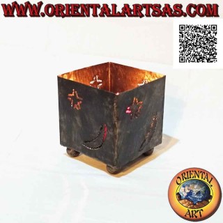 Hand made "stars and moon" openwork square candle holder in wrought iron