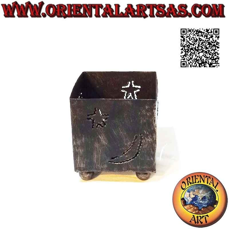 Hand made "stars and moon" openwork square candle holder in wrought iron