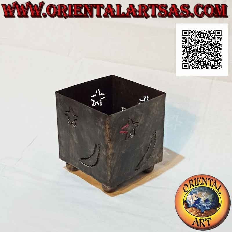 Bougeoir carré ajouré "étoiles et lune" en fer forgé fait main