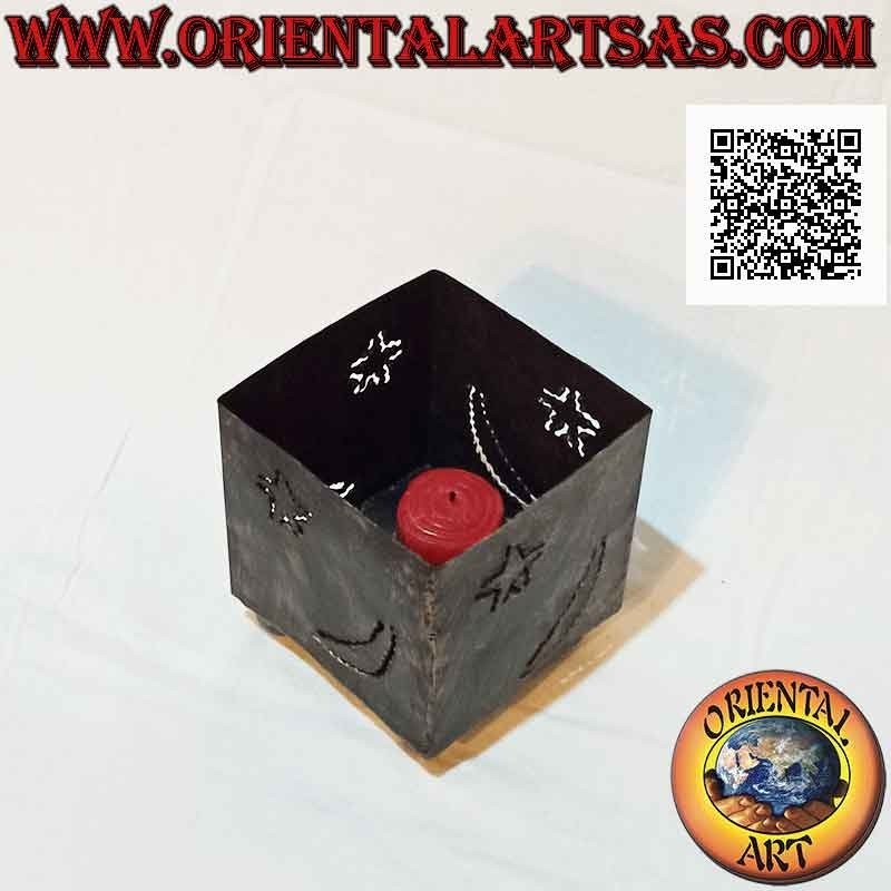 Hand made "stars and moon" openwork square candle holder in wrought iron