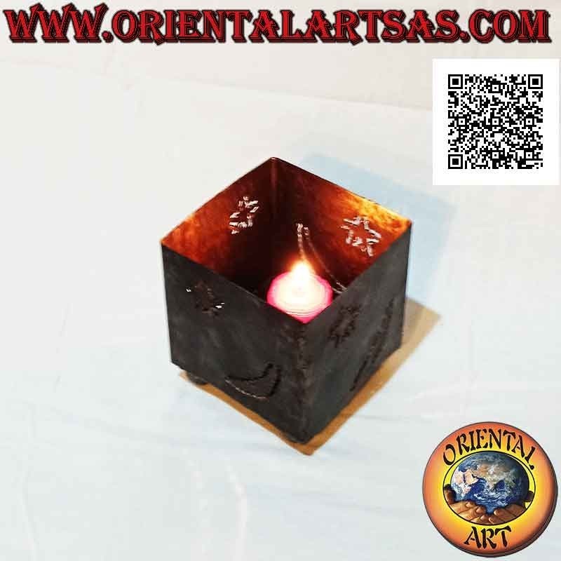 Hand made "stars and moon" openwork square candle holder in wrought iron