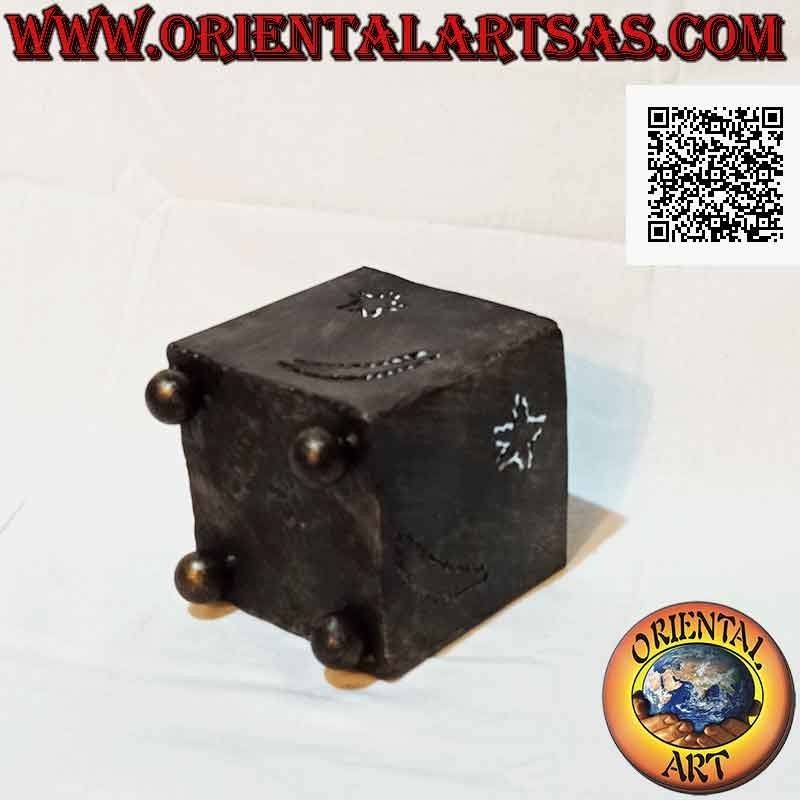 Hand made "stars and moon" openwork square candle holder in wrought iron