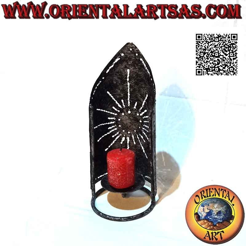 Semicircle candle holder with "sun" pierced tip in hand made wrought iron