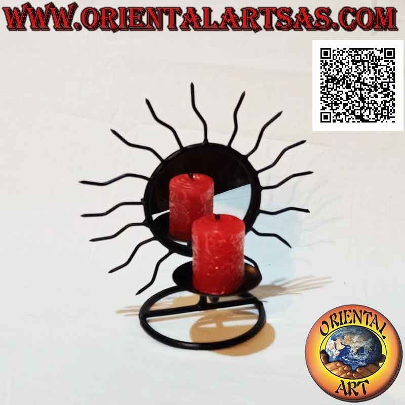 Candle holder "sun" with wavy rays and central mirror in wrought iron handmade (black)