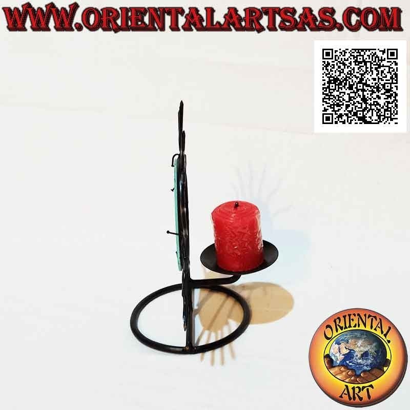 Candle holder "sun" with wavy rays and central mirror in wrought iron handmade (black)
