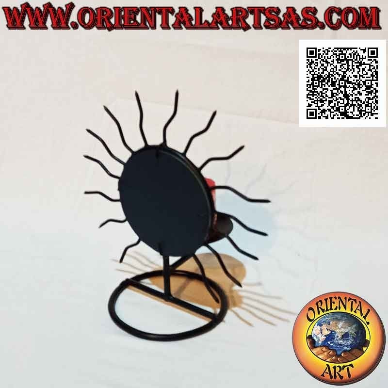 Candle holder "sun" with wavy rays and central mirror in wrought iron handmade (black)