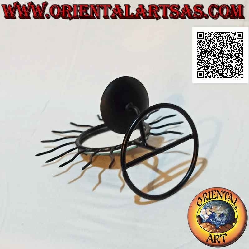 Candle holder "sun" with wavy rays and central mirror in wrought iron handmade (black)