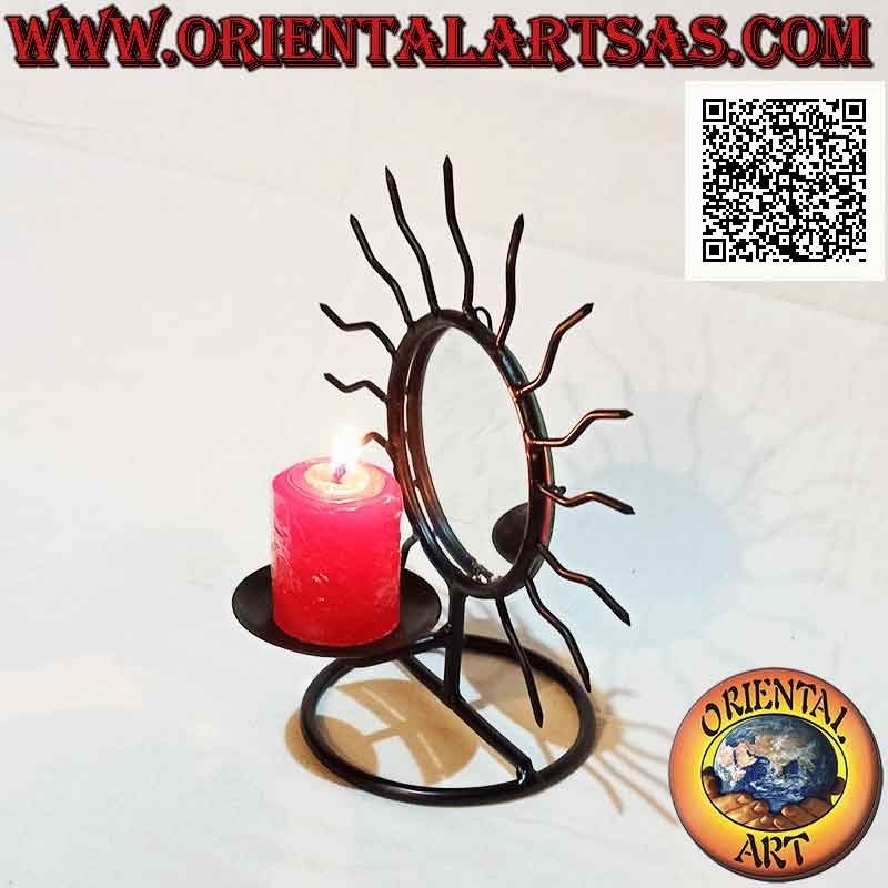 Candle holder "sun" with wavy rays and central mirror in wrought iron handmade (black)