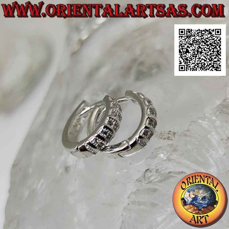 Silver earrings, smooth circles with double row of white zircons on one side of 14 x 3 x 2 mm (click)