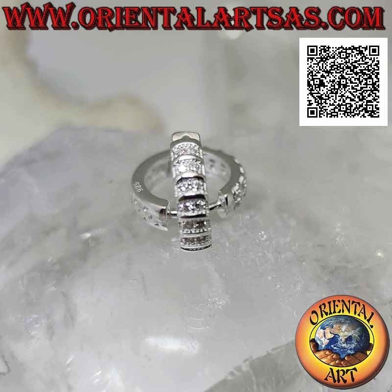 Silver earrings, smooth circles with double row of white zircons on one side of 14 x 3 x 2 mm (click)