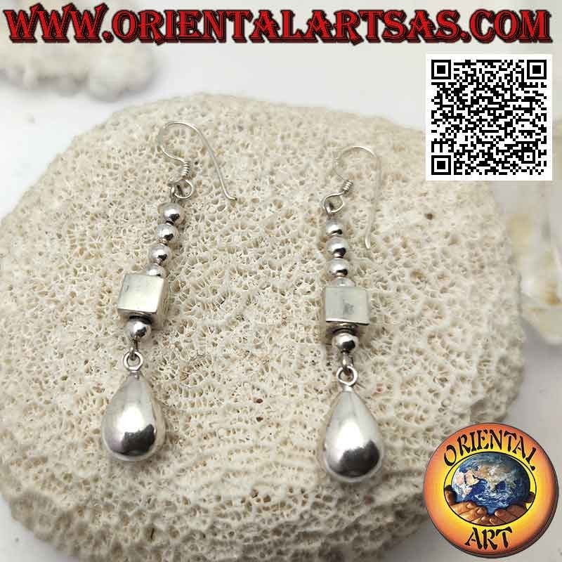 Orecchini in argento a monachella fila di palline, cubo e goccia grande liscia