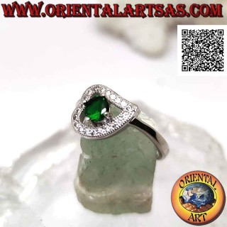 925 sterling silver ring featuring a round synthetic emerald set in a horizontal heart with white zirconia pave.