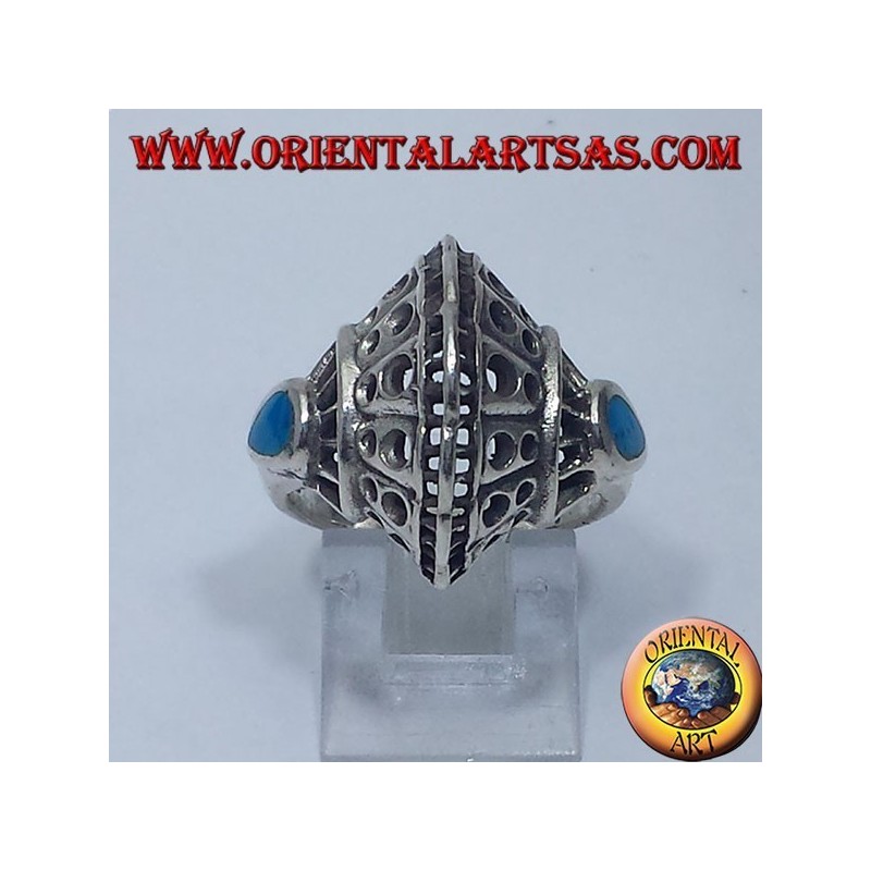 anillo de plata, concha con dos gotas de color turquesa