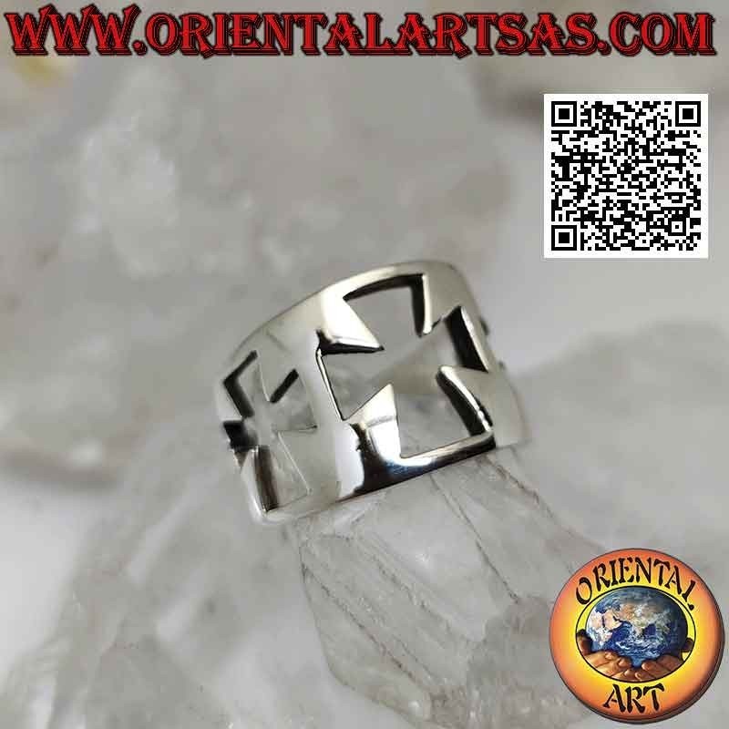 Smooth band silver ring with three perforated crosses