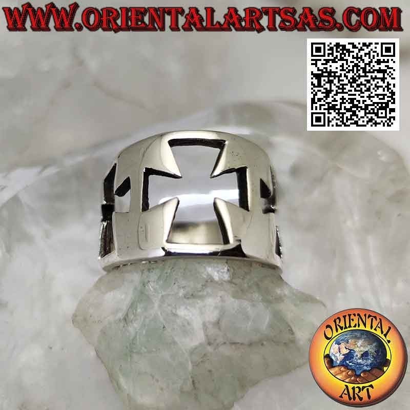 Smooth band silver ring with three perforated crosses