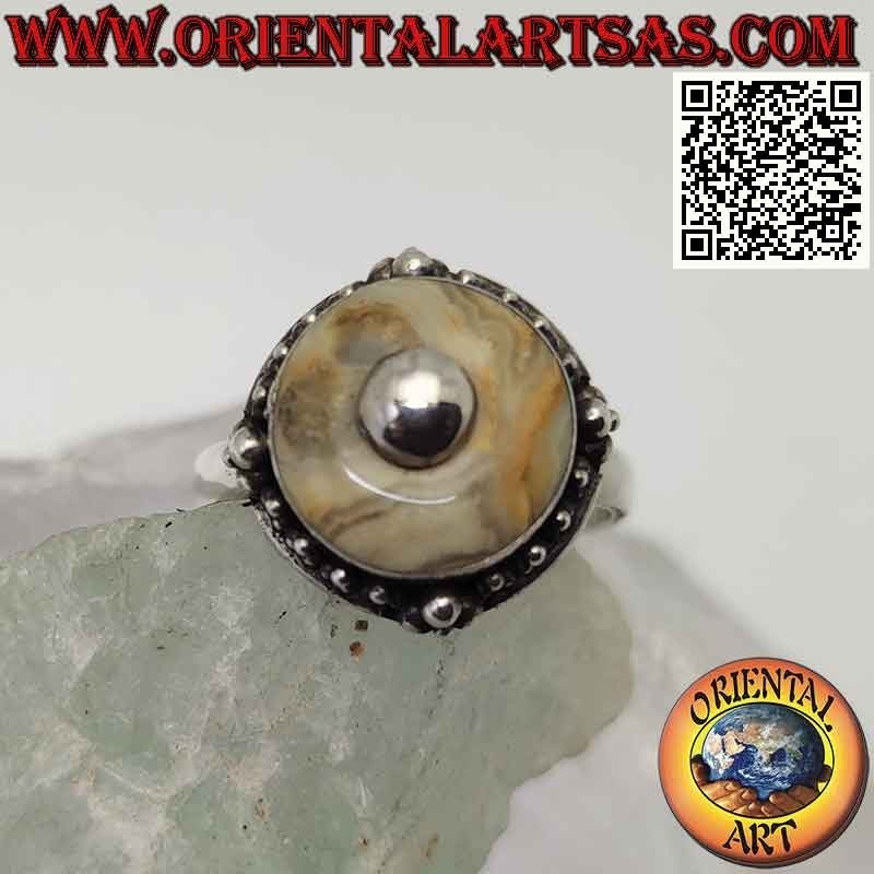 Anello in argento con diaspro paesina tondo e pallina centrale (b)