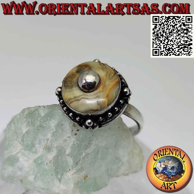 Anello in argento con diaspro paesina tondo e pallina centrale (b)