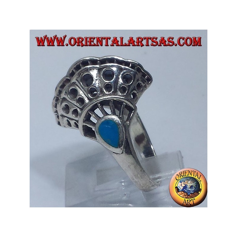 anillo de plata, concha con dos gotas de color turquesa