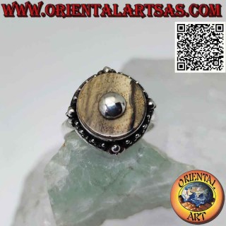 Anello in argento con diaspro paesina tondo e pallina centrale (a)