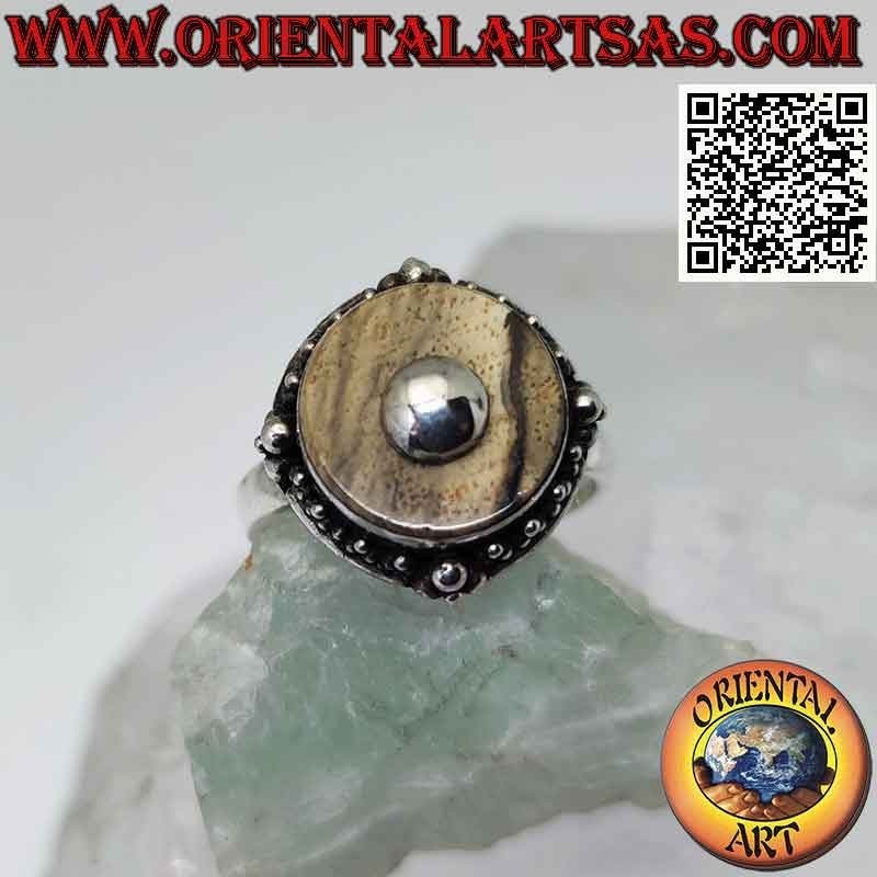 Anello in argento con diaspro paesina tondo e pallina centrale (a)