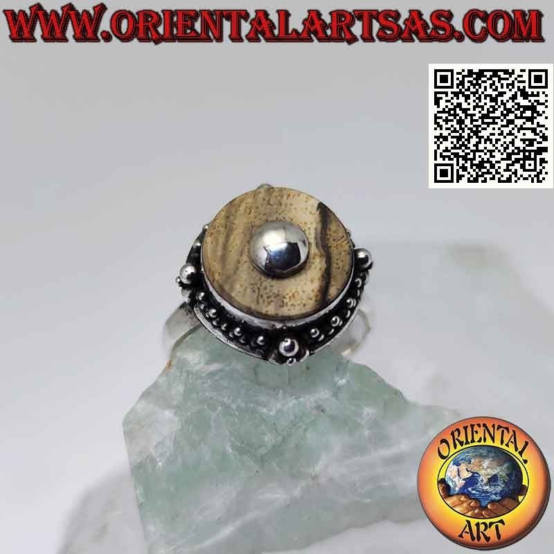Anello in argento con diaspro paesina tondo e pallina centrale (a)