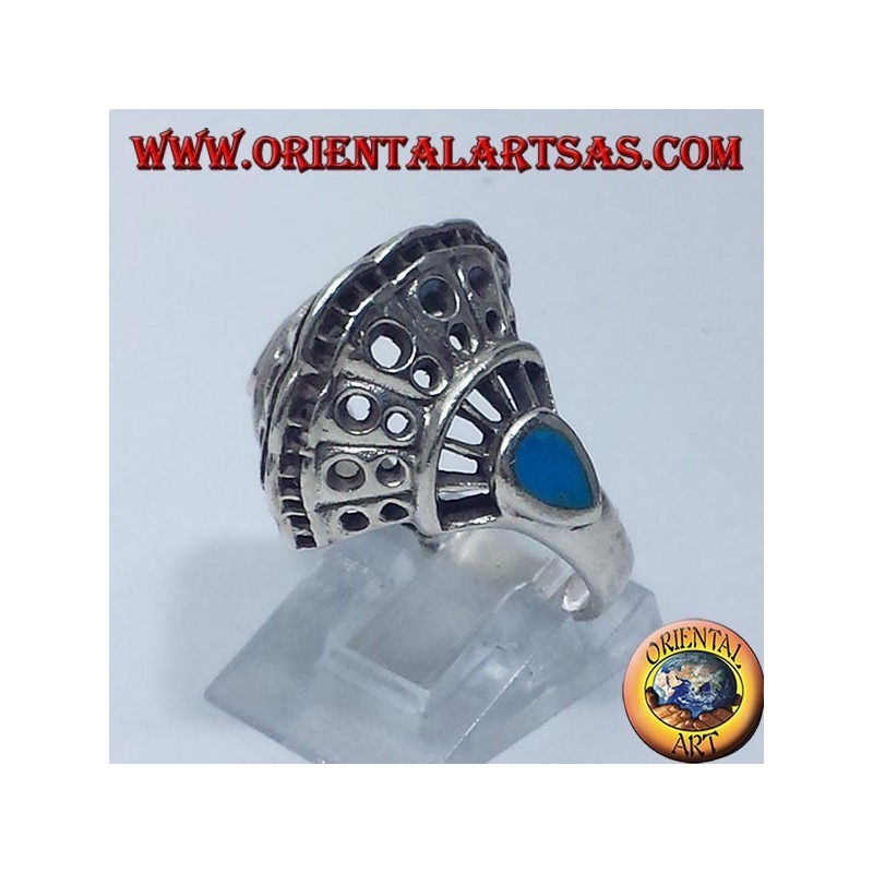 Bague en argent, coquille avec deux gouttes turquoise