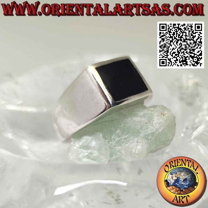 Glatter und schlichter Silberring mit quadratischem Onyx 10 x 10 mm