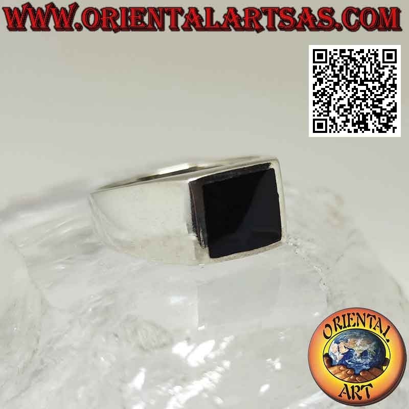 Glatter und schlichter Silberring mit quadratischem Onyx 10 x 10 mm
