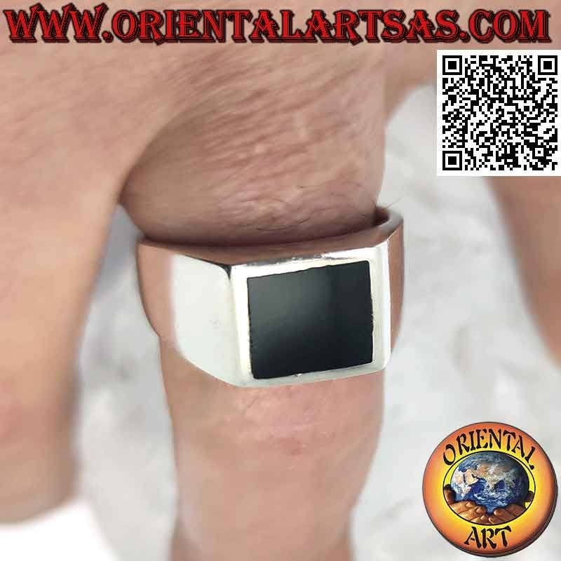 Anillo liso y sencillo de plata con onix cuadrado 10 x 10 mm