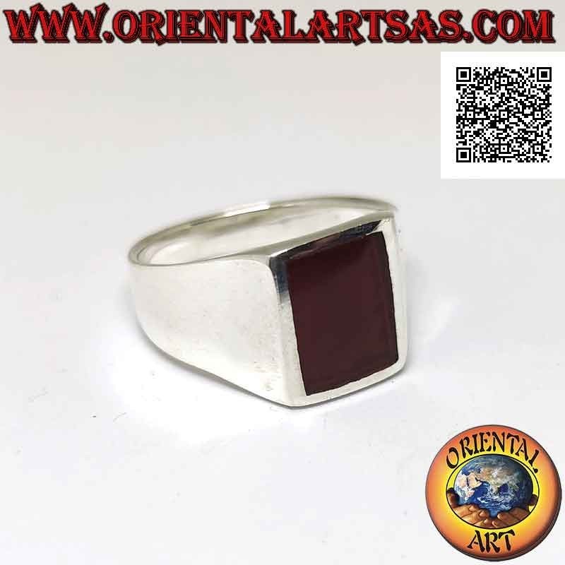 Silver ring with rectangular carnelian flush with the edge on a smooth 10 x 8 mm setting
