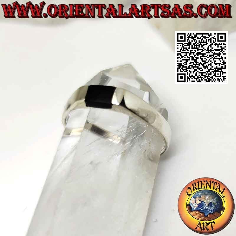Smooth silver ring with small central rectangular onyx flush with the edge
