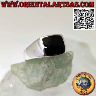 Smooth and simple silver ring with rectangular beveled and curved 8x10 mm onyx