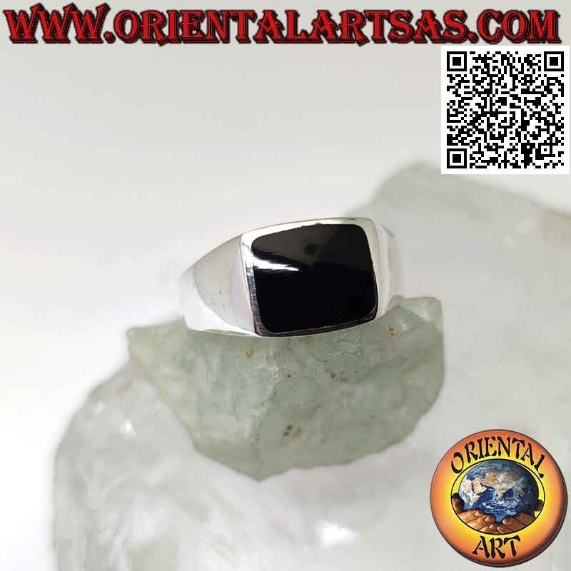 Smooth and simple silver ring with rectangular beveled and curved 8x10 mm onyx