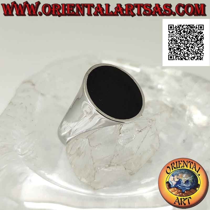 Silberring mit flachem rundem Onyx auf glattem Rahmen seitlich leicht konkav Ø 16 mm