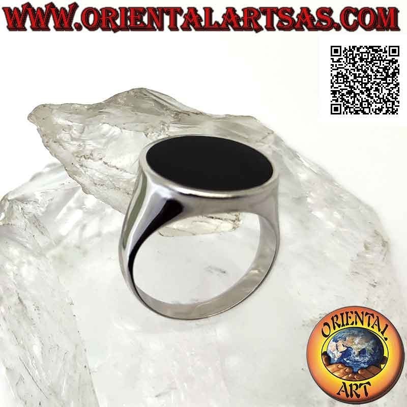 Silberring mit flachem rundem Onyx auf glattem Rahmen seitlich leicht konkav Ø 16 mm