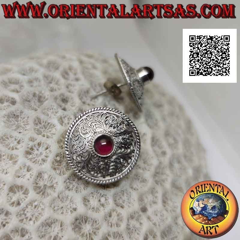 Silver earrings from rounded shield lobe decorated in filigree with natural round garnet in the center