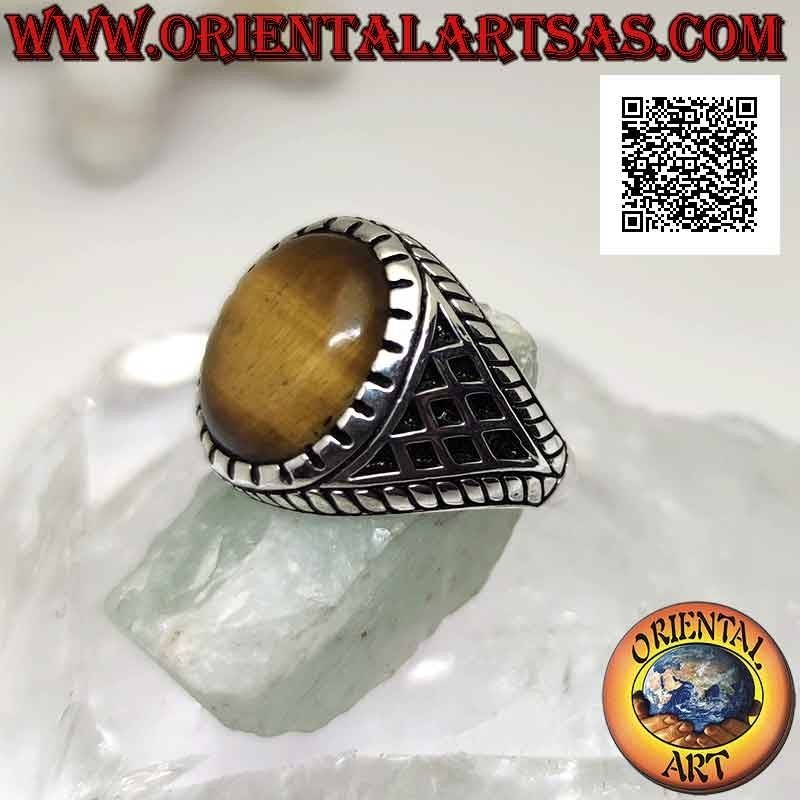 Silver ring with cabochon oval tiger eye and rhombuses engraved on the sides (A)
