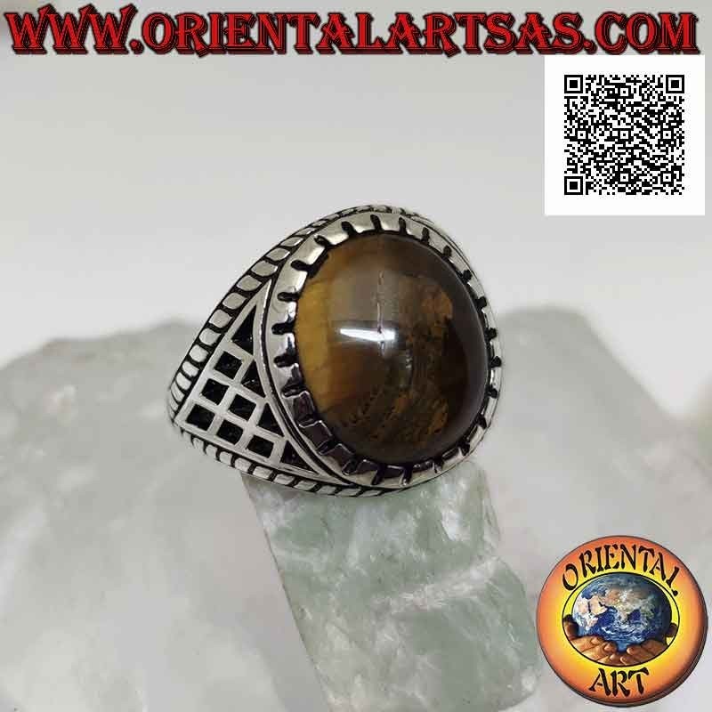 Silver ring with cabochon oval tiger eye and rhombuses engraved on the sides (B)
