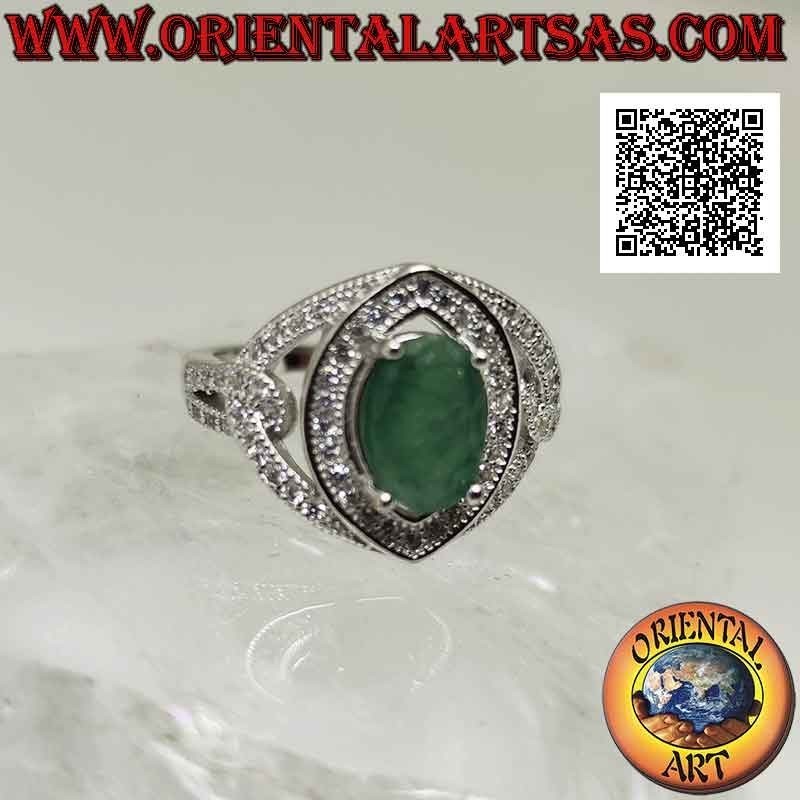 Silver ring with natural oval emerald set on a setting studded with white zircons